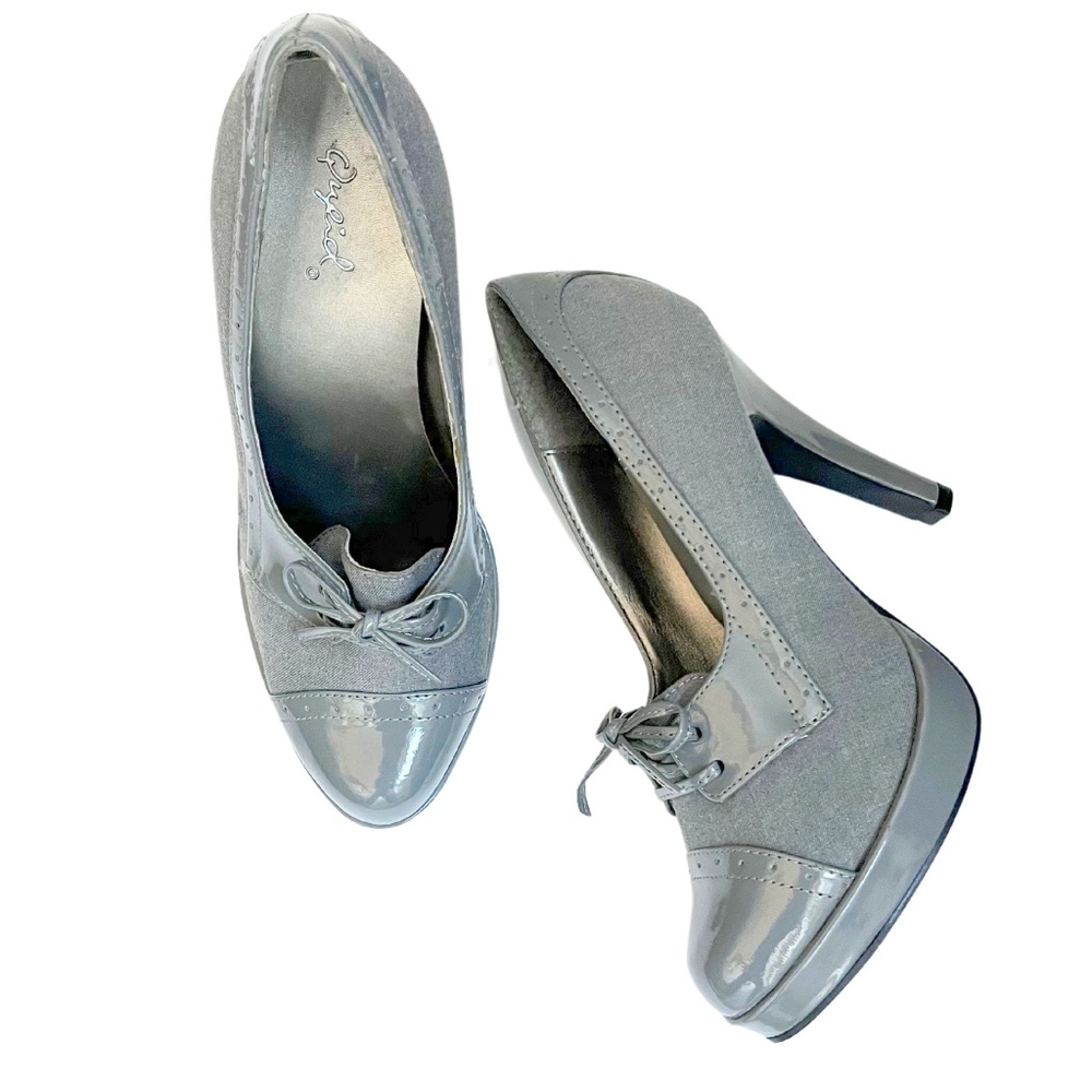 Unworn Qupid Gray Faux Leather Oxfords Heeled Booties // Size 7.5